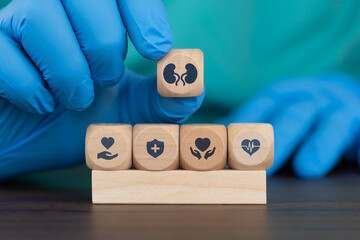 Male health concept, doctor's hand showing a wooden cube with a kidney icon, kidney cancer, renal...