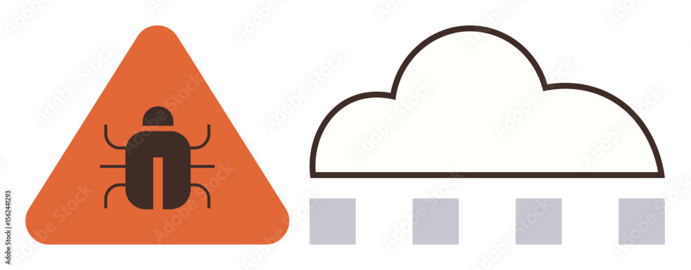 Poster bug inside an orange warning triangle next to a stylized cloud and data blocks. ideal for cybersecur