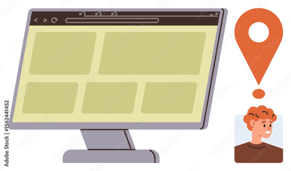 Poster computer monitor displaying website layout, location pin, user avatar. ideal for web design, navigat