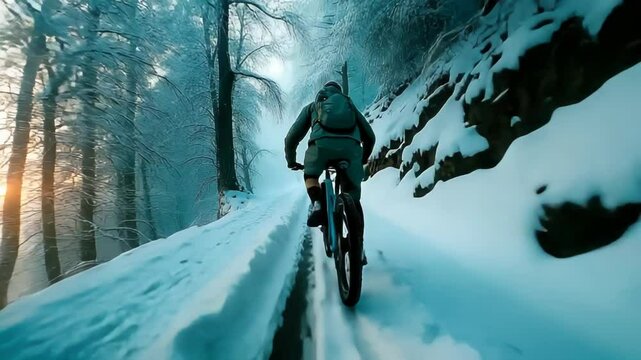 Cyclist riding a fat-tire mountain bike on a snowy forest trail at sunset, capturing a blend of nature and adventure