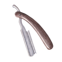 Vintage razor, metal blade, wooden handle. Watercolor illustration of barbershop tool hand-painted on white background. Ideal for branding, grooming designs, printing, cards and retro-themed projects