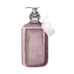 Dispenser bottle of soap, shampoo, cream with blank tag tied with string. Hand-painted watercolor illustration of vial, on isolated white background. Perfect for cosmetics, skincare, haircare labels