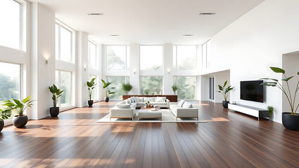 A spacious and bright modern living room features large windows, hardwood floors, and minimalist furniture