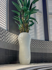 Modern spa interior featuring a large white vase with tropical plants beside a luxurious swimming pool, creating a serene and relaxing atmosphere for wellness and rejuvenation