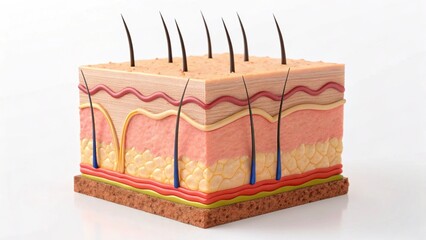 This high-resolution 3D rendering offers a clear and comprehensive view of the human skin's layered structure, including the roots of individual hairs embedded within
