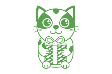 Green spotted cat happily holds a gift box, creating a charming and adorable scene