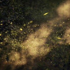 Obraz premium Sunlight filters through dense foliage, illuminating airborne pollen or dust particles in a tranquil, natural setting.