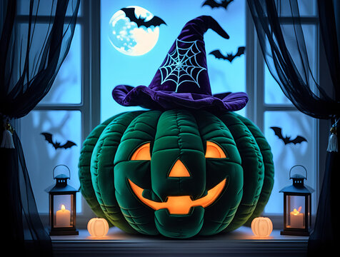Spooky Halloween night with an green pumpkin jack-o'-lantern, bats, and autumn decorations, Spooky Halloween night with an orange pumpkin jack-o'-lantern, bats, and autumn decorations - Powered by Adobe