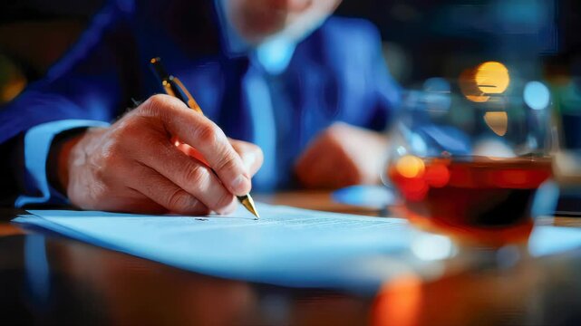 Hand signing a contract with a fountain pen in a dim, moody office setting under blue lighting