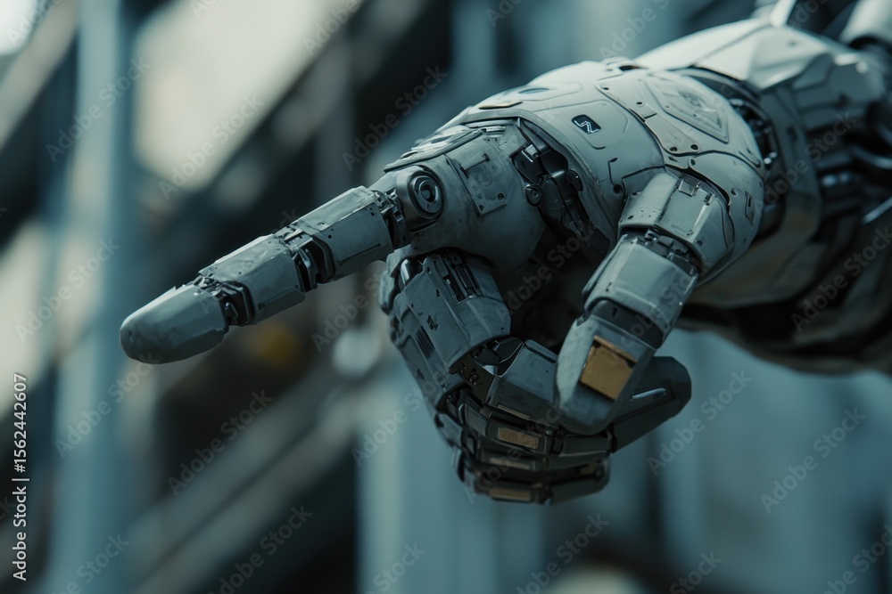 Poster robot arm extends forward in dynamic movement with intricate details and mechanical precision, epic 