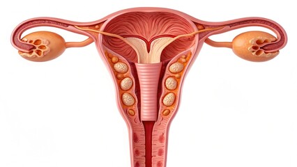 A detailed anatomical illustration of the female reproductive system, featuring the uterus, fallopian tubes, and ovaries, depicted in cross-section to show internal structures