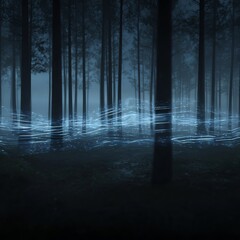 Fototapeta premium A dark forest scene illuminated by ethereal blue light waves flowing horizontally among tall, slender trees at night.