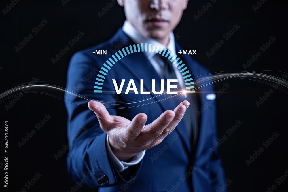 Poster businessman presenting a digital gauge indicating maximum value with a glowing indicator and abstrac