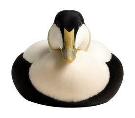 Adult common eider with black and white plumage and wedge-shaped bill