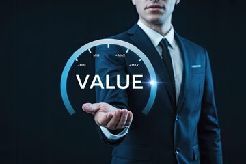 Businessman presenting a digital gauge indicating maximum value with a bright light emanating from the center on a dark background