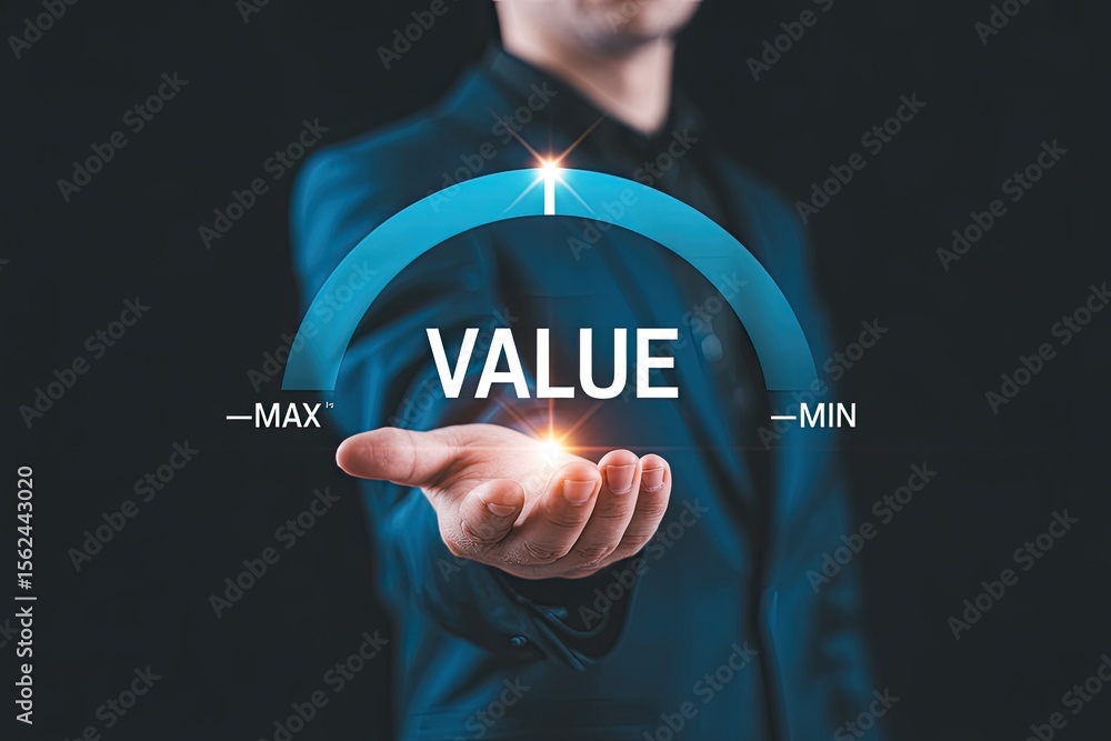 Poster businessman presenting a gauge with the word value at its peak indicating maximum value and potentia