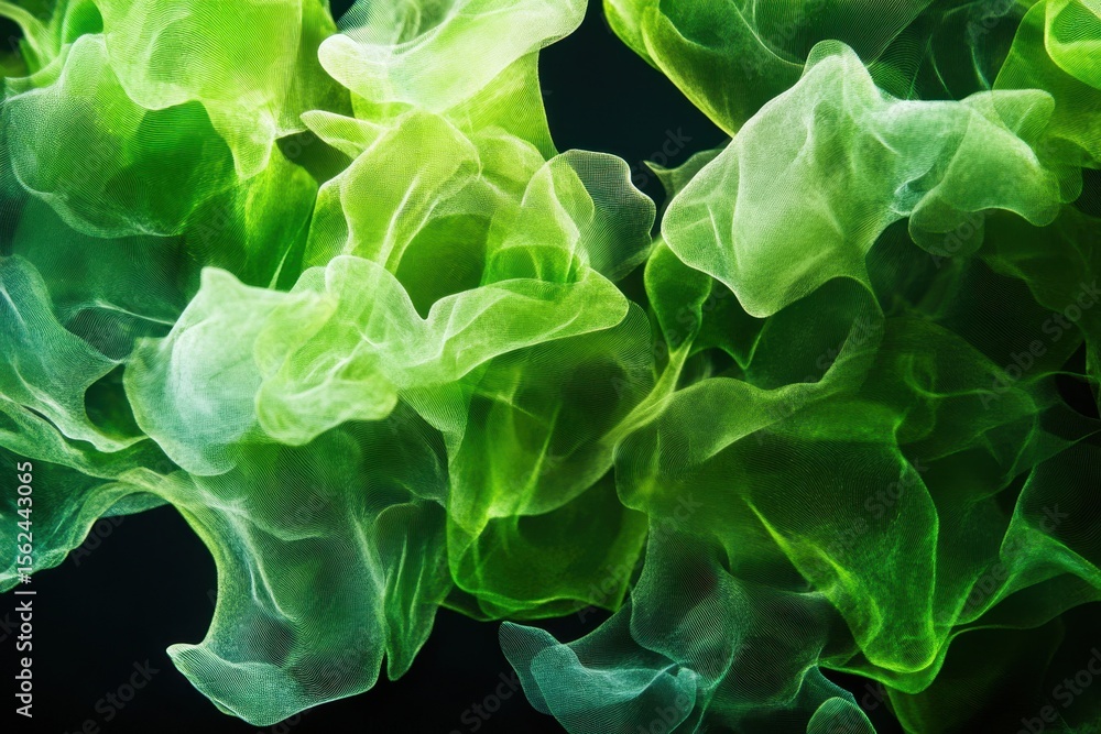 Poster Green shapes swirl and dance on a black background creating an abstract visual experience, green shapes moving on black background
