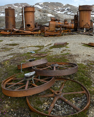 The rusty ruins of industrial equipment in Camp Mansfield (New London) in the Svalbard archipelago