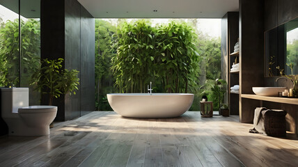 Fototapeta premium Luxurious modern bathroom with bathtub and large window with plants and tree