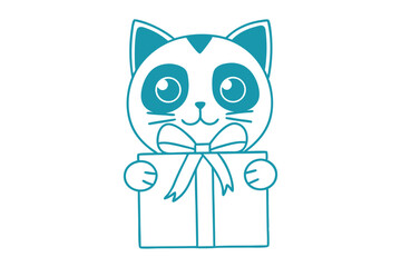 Minimalist blue cartoon cat holds a wrapped present, conveying joy and a delightful surprise