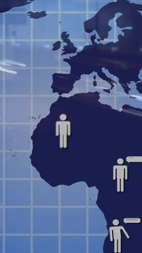 Animation of people and ai icons on world map over road traffic