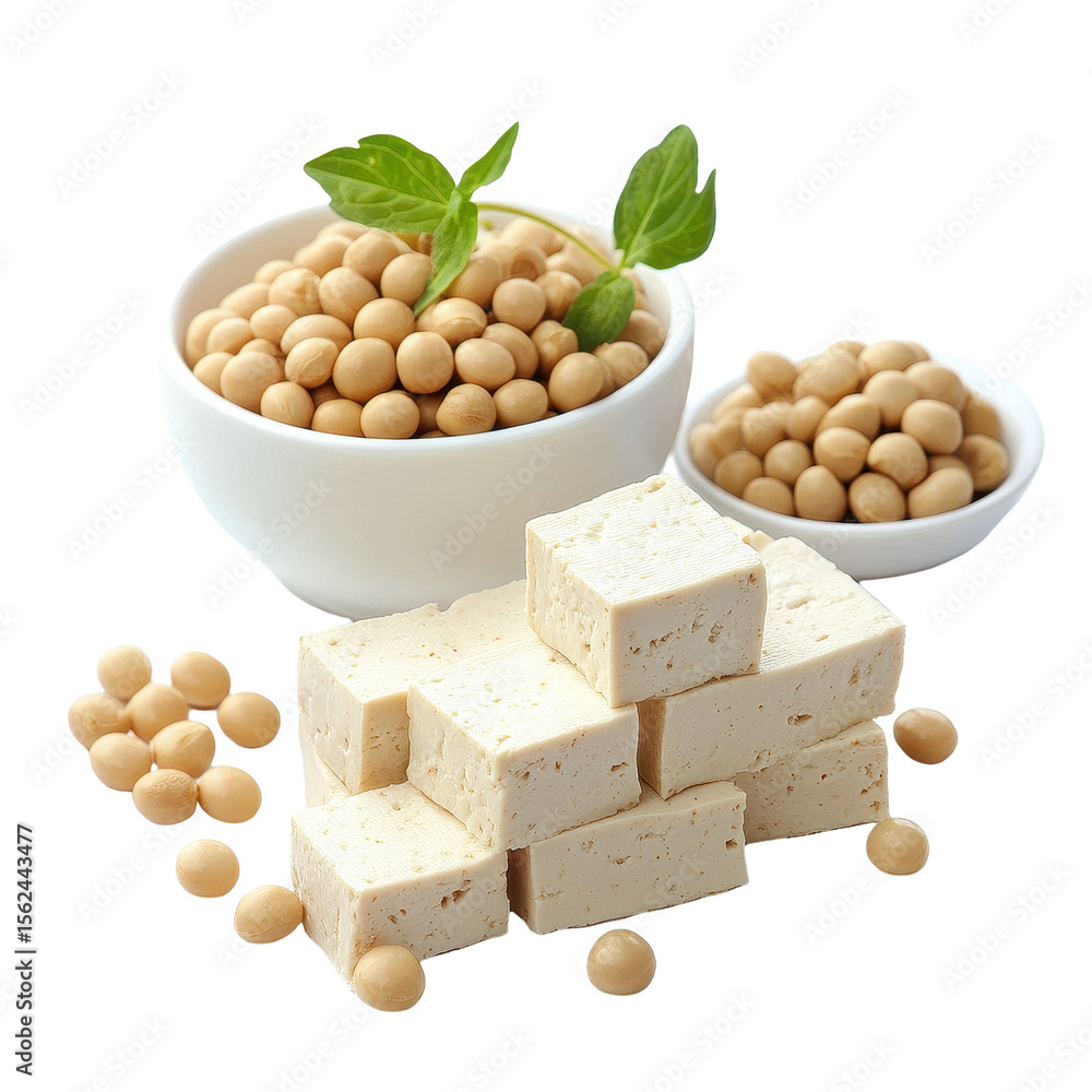 Poster tofu and soybeans displayed on a clean transparent background with green herbs, tofu and soy isolate