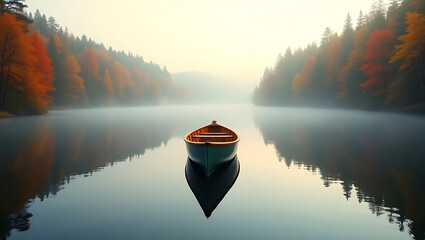Serene autumnal lake scene: wooden rowboat on calm misty water, surrounded by colorful fall foliage.