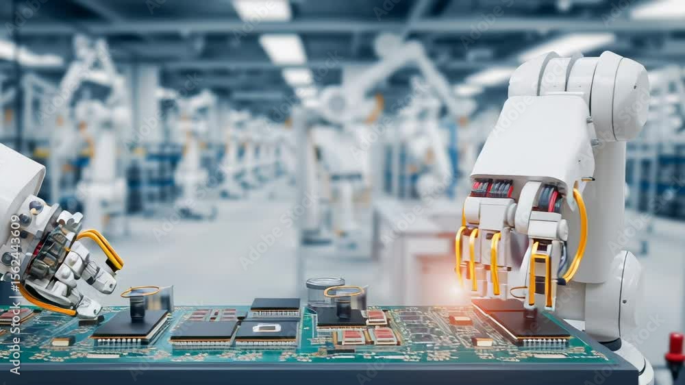Poster white robotic arms with yellow wiring precisely manipulating electronic components on circuit board 