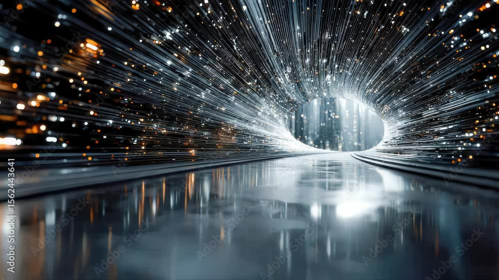 Poster shimmering fiber optic tunnel with glowing data points forming a surreal digital vortex