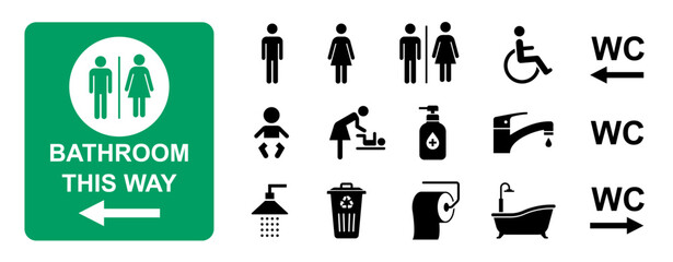 toilet or wc sign for man, woman, disable, children. bathroom or toilet signs set on white. can be used in hotel, office, airport, hospital etc place. toilet, bin, sanitizer, toilet paper, shower etc