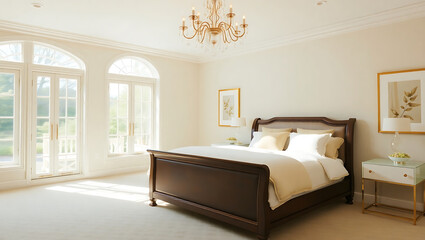A luxurious bedroom features a dark wood bed, chandelier, and arched windows filling the room with light