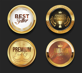 Best Seller and Premium Quality Golden Badge Premium Vector Label for Product Highlights and Promotions