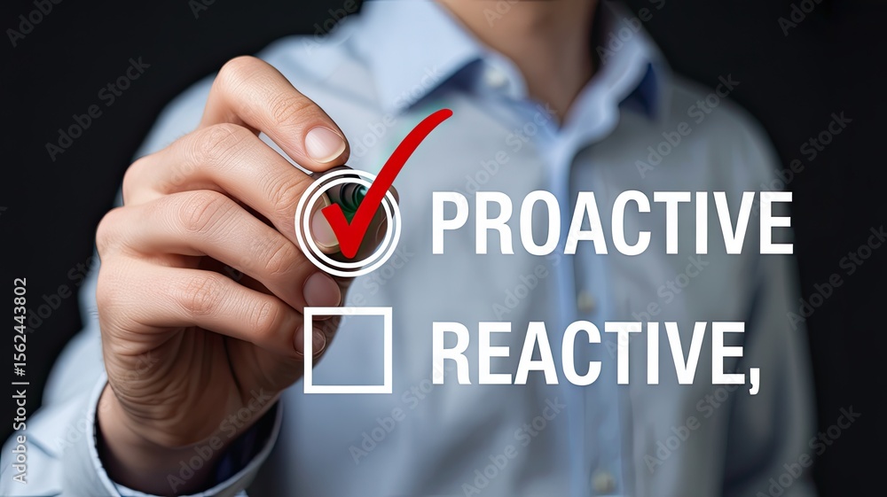 Poster hand marking proactive choice with a red checkmark on a list of proactive versus reactive options