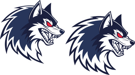 A fierce, snarling wolf mascot with glowing red eyes, sharp teeth, and dark blue fur, designed as a bold, aggressive sports team logo in vector art, symmetrical, and detailed. Vector Illustration.