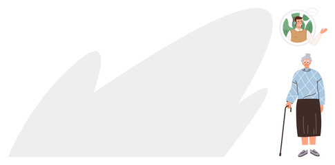 Elderly woman holding walking cane, engaging in video call with young individual. Ideal for communication, senior support, virtual care, technology use, connection, remote assistance, simple flat