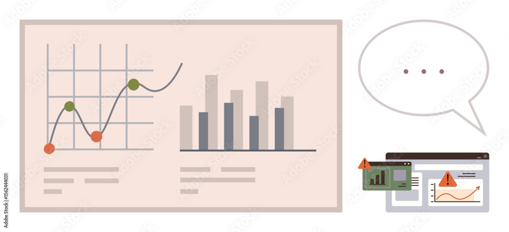 Poster graphs and bar charts representing analytics, alert popups on screens, and dialogue bubble for commu
