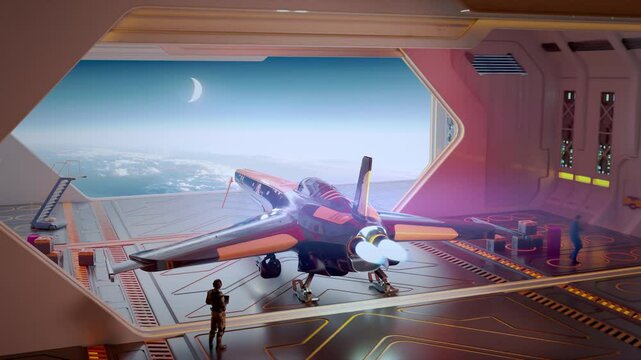 Futuristic hangar interior featuring a sleek, high-tech spacecraft.