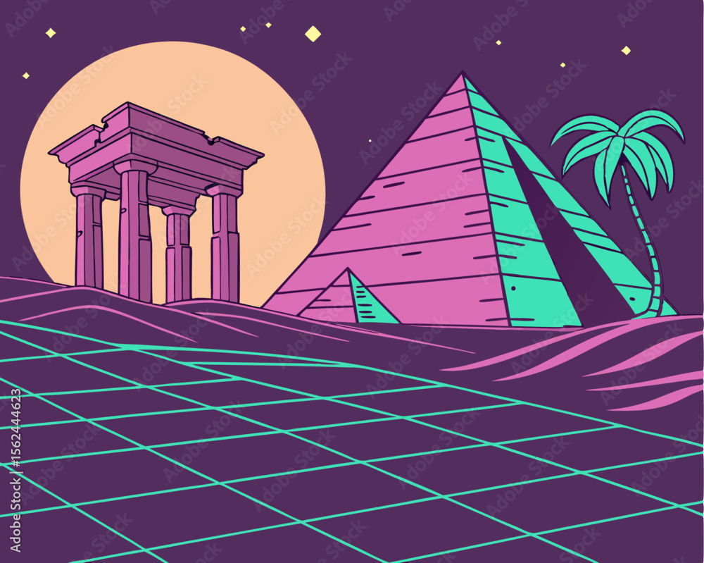 Poster a futuristic landscape with a retro twist, featuring a radiant cyber world complete with grid patter