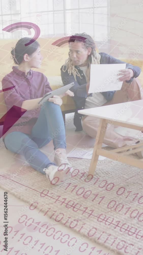 Poster animation of data processing and binary coding over busy diverse business people talking
