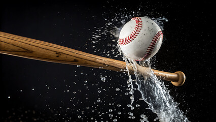 A baseball bat hitting a baseball with water splashing against a black background in a studio shot - ai generated