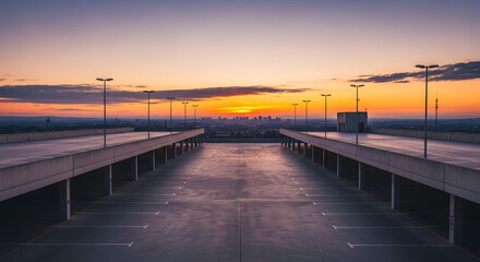 Empty parking deck at sunset, with city skyline visible in the distance under a colorful sky.
