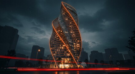 Spiral skyscraper shines amidst stormy city