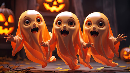 Fototapeta premium puppets, little strange creatures, cute monsters, halloween decor, pumpkin patch, orange costumes, big eyes, curious expressions, whimsical design, spooky yet adorable
