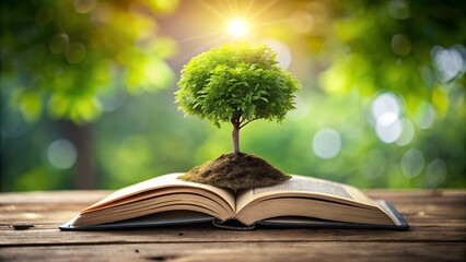 Lush Green Tree Sprouting from Open Book, Nature and Knowledge Concept, Bright Sunny Background