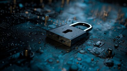 Lock security element on circuit digital patterns technology abstract concept. AI generated.