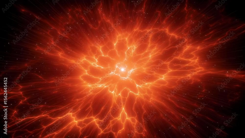 Poster vibrant orange-red energy eruption with intricate lightning-like plasma tendrils expanding from cent