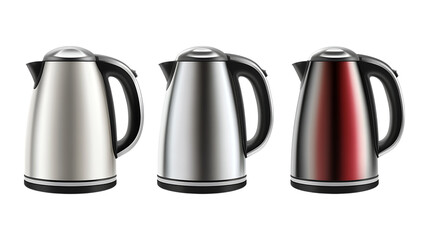 Pack Collection Sleek Electric Kettle Available in Silver White and Red set against transparent background