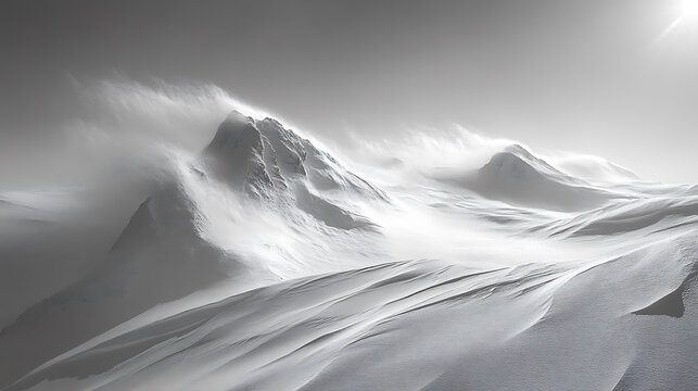 Monochrome majesty snowy peaks and drifting snow breathtaking mountain landscape in serene grey tones