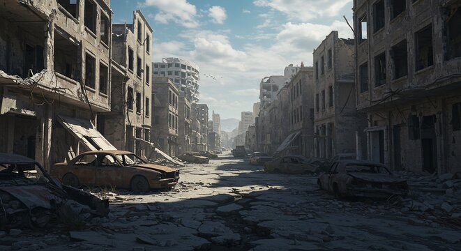 Wartorn street with destroyed buildings abandoned vehicles