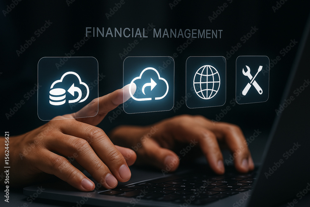 Poster futuristic digital financial management interface with cloud storage, data synchronization, global a